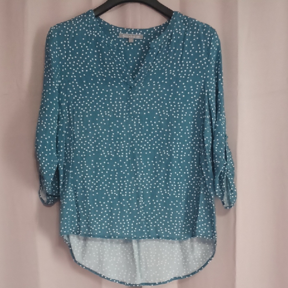 Daniel Rainn Teal Polka Dot Blouse, Rayon, Roll Tab Sleeves.